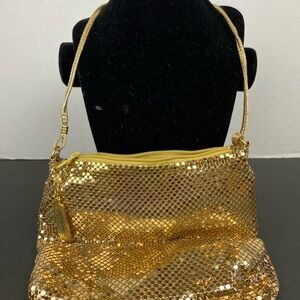 1980s Whiting & Davis Gold Mesh Crossbody Purse Evening Bag Vintage
